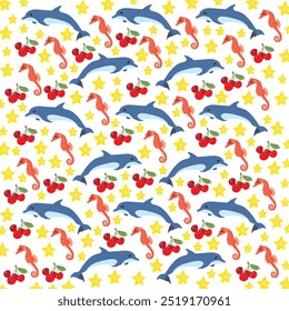 Caballos de mar, delfines con fruta como fondo de patrón