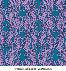 Seahorses hiding among chaotically interlaced seaweeds. Seamless pattern. EPS10 vector illustration.