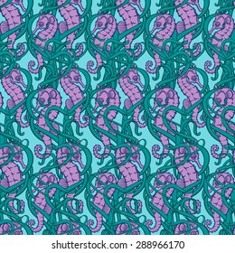 Seahorses hiding among interlaced seaweeds. Seamless pattern. EPS10 vector illustration.