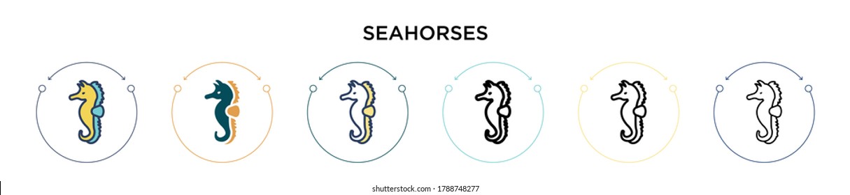 Seahorses icon in filled, thin line, outline and stroke style. Vector illustration of two colored and black seahorses vector icons designs can be used for mobile, ui, web