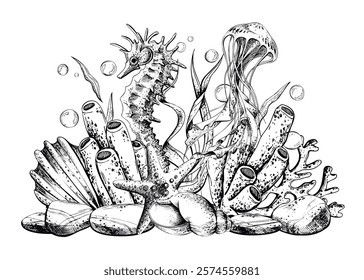 Seahorses, jellyfish, seashell, coral, starfish, sea sponge, algae, pebbles and bubbles. Hand drawn graphic illustration in black and white color line art. Sublimation arrangement on marine theme