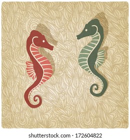 seahorses on the old background - vector illustration