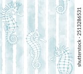 Seahorses on waves background. Sea art background. Seamless pattern on the marine theme. Vector. Perfect for design templates, wallpaper, wrapping, fabric and textile.
