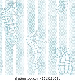 Seahorses on waves background. Sea art background. Seamless pattern on the marine theme. Vector. Perfect for design templates, wallpaper, wrapping, fabric and textile.