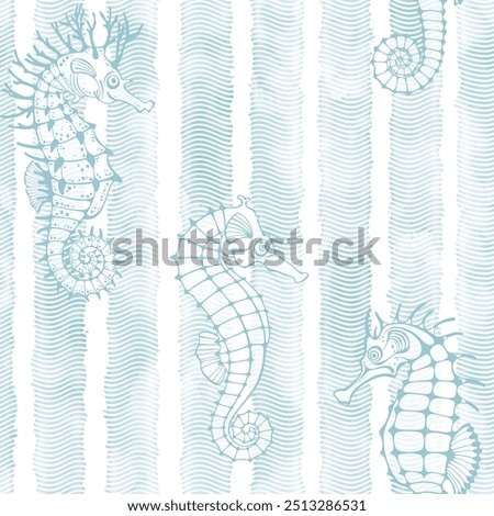 Seahorses on waves background. Sea art background. Seamless pattern on the marine theme. Vector. Perfect for design templates, wallpaper, wrapping, fabric and textile.