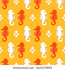Seahorses in pairs in a geometric seamless vector pattern on an orange background. Cute summer nautical print for textile