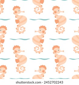  Seahorses seamless pattern. Fashionable template with sea creatures for wrapping paper, wallpaper, stickers, textiles. Flat style.