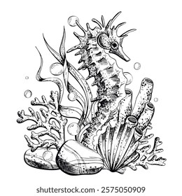 Seahorses, seashell, coral, starfish, sea sponge, algae, pebbles and bubbles. Hand drawn graphic illustration in black and white color line art. Sublimation arrangement on marine theme