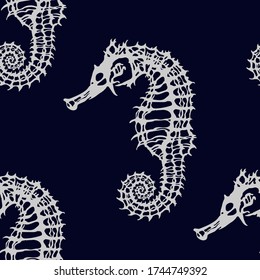 Seahorses skeletons on blue vector seamless pattern for decoration, packaging, textile.