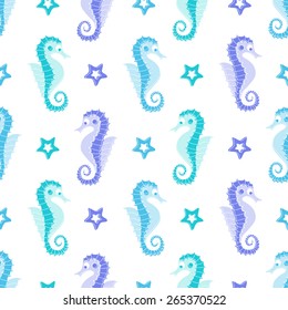 Seahorses and starfishes seamless pattern on white background. Sea pattern in vector. Flat design. 