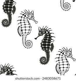 Seahorses.  Stylish black and white seamless pattern on a marine theme. Hand drawn vector background. Perfect for wallpaper, wrapping, fabric and textile. 