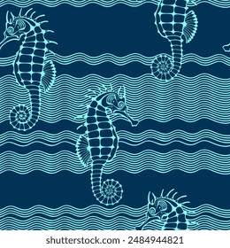 Seahorses and waves. Stylish monochrome seamless pattern. Vector illustration on a marine theme.  Perfect for design templates, wallpaper, wrapping, fabric, print and textile.