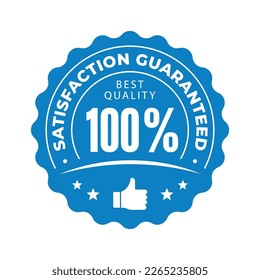 Seal of 100 Percent Satisfaction Guaranteed in Blue Circle and Thumb Icon. Grunge Rubber Texture Stamp. Logo. Sticker. Vector illustration