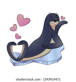 Seal animal lies on an ice floe, winks and sends a kiss with hearts. Cartoon vector illustration on white background