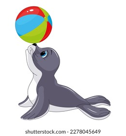 Seal animal playing ball vector cartoon illustration