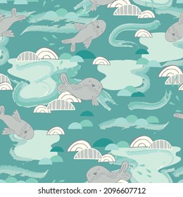 Seal and arctic themed seamless vector can be used for baby t-shirt print, fashion print design, kids wear, baby shower, bedding set, wallpaper, celebration, greeting and invitation.