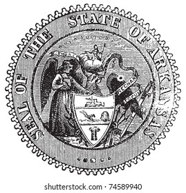 Sello de Arkansas antes del grabado de 1907. Ilustración con grabado de época del Sello de Arkansas creado en 1864. Mostrar el Ángel de la Misericordia, Diosa de la Libertad, Espada de Justicia y águila calva