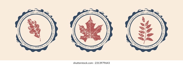 Seal "Autumn Sale 2023 Best Price" with Oak, Maple and Rowan Leaves. Artwork with grunge effect suitable for advertising leaflets, booklets, posters and fall coupon