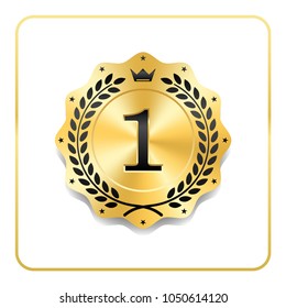 Seal award gold icon. Blank medal with laurel wreath, isolated on white background. Golden design emblem. Symbol of assurance, winner, guarantee and best label, premium, quality Vector illustration