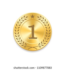 Seal award gold icon. Blank medal with laurel wreath, isolated white background. Golden design emblem. Symbol of assurance, winner, guarantee and best label, premium, quality Vector illustration