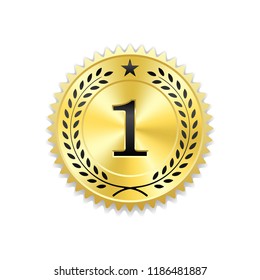 Seal award gold icon. Blank medal with laurel wreath, isolated white background. Golden design emblem. Symbol of assurance, winner, guarantee and best label, premium, quality Vector illustration