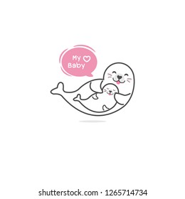 Seal and baby seal. Cartoon cute pole animal vector Illustration.