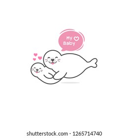Seal and baby seal. Cartoon cute pole animal vector Illustration.