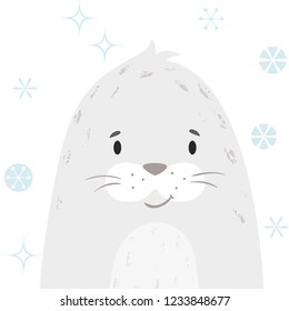 Seal baby winter print. Cute animal snowy christmas card. Cool sea calf illustration for nursery, t-shirt, kids apparel, party and baby shower invitation. Simple scandinavian child design