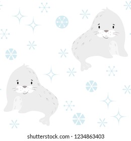 Seal baby winter seamless pattern. Cute animal in snowy forest christmas print. Cool illustration for nursery, t-shirt, kids apparel, party and baby shower invitation. Simple scandinavian child design