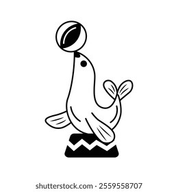 A seal balancing a ball, representing circus tricks and performances