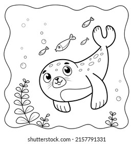 Seal Black And White. Coloring Book Or Coloring Page For Kids. Marine Background Vector Illustration