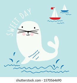 seal boat sea blue text line child tee illustration art vector