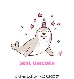 Seal with bright horn unicorn on white background. It can be used for sticker, patch, phone case, poster, t-shirt, mug and other design.