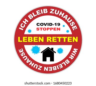 Sello y botón en alemán "ich bleib Zuhause"traducido como "I STAY IN HOME" por el virus de la corona,
Detenga COVID-19, SAVE LIFE, toque de queda,
 Ilustración de vectores aislada en fondo blanco
