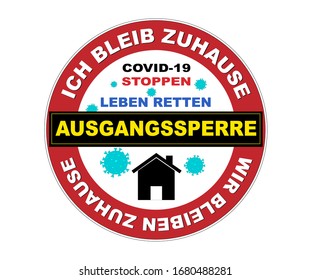 Sello y botón en alemán "ich bleib Zuhause"traducido como "I STAY IN HOME" por el virus de la corona,
Detenga COVID-19, SAVE LIFE, toque de queda,
 Ilustración de vectores aislada en fondo blanco
