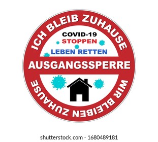 Sello y botón en alemán "ich bleib Zuhause"traducido como "I STAY IN HOME" por el virus de la corona,
Detenga COVID-19, SAVE LIFE, toque de queda,
 Ilustración de vectores aislada en fondo blanco
