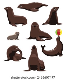 Seal California Sea Lion Poses Set Cartoon Vector