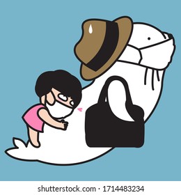 Seal With Carry Bag, Medical Face Mask And Miniature Girlfriend On His Back, Ready To Go Out After Qurantine Or Confinement Period Concept Card Character illustration