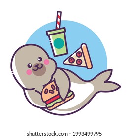 Seal cartoon character eating burger  pizza   drinks  Vector illustration and cute animals in cartoon style 
