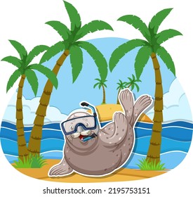 Seal cartoon character in summer theme illustration
