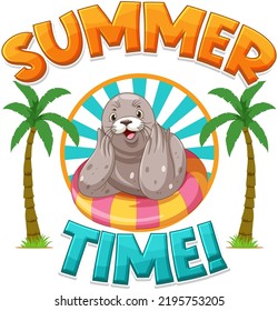 Seal cartoon character with summer time word illustration