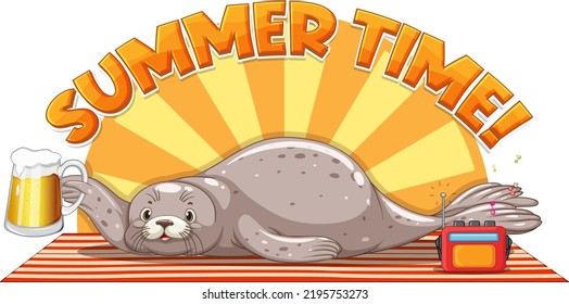 Seal cartoon character with summer time word illustration
