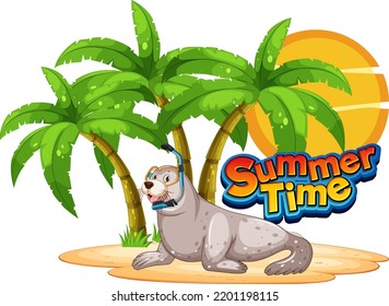 Seal cartoon character with summer time word illustration
