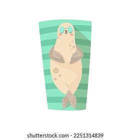Seal cartoon character sunbathing vector illustration. Summer resort, funny comic wild animal in sunglasses relaxing on beach towel on white background. Wildlife, vacation concept