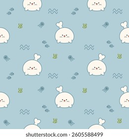 Seal cartoon so cute. On seaweed fish squid wave light blue background. Pattern seamless vector illustration. 
