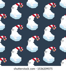 Seal in christmas costume seamless pattern on the blue background. Vector illustration