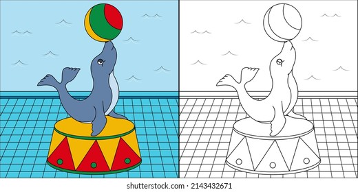 Seal circus show suitable for children's coloring page vector illustration