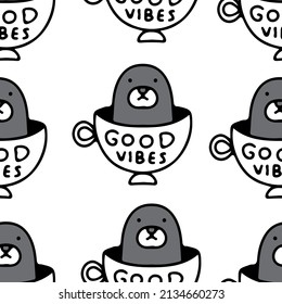 Seal and coffee cup, Background seamless pattern illustration for t-shirt, sticker, or apparel merchandise. With retro, and doodle cartoon style.