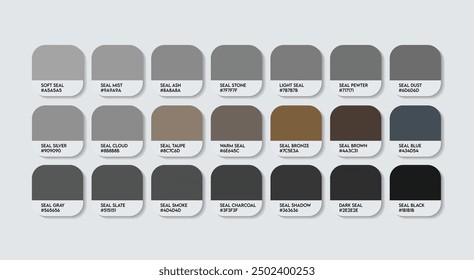 Paleta de colores Seal, Paleta de guía de colores Seal Grey con nombres de colores. Catálogo Muestras de colores de sello con códigos RGB HEX. lámina de revestimiento Color negro, Fashion Trend Sello oscuro Paleta de colores