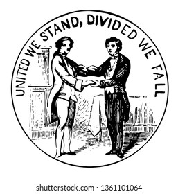 Seal of commonwealth of Kentucky includes two men standing in buckskin and other in formal dress clasping hands vintage line drawing.